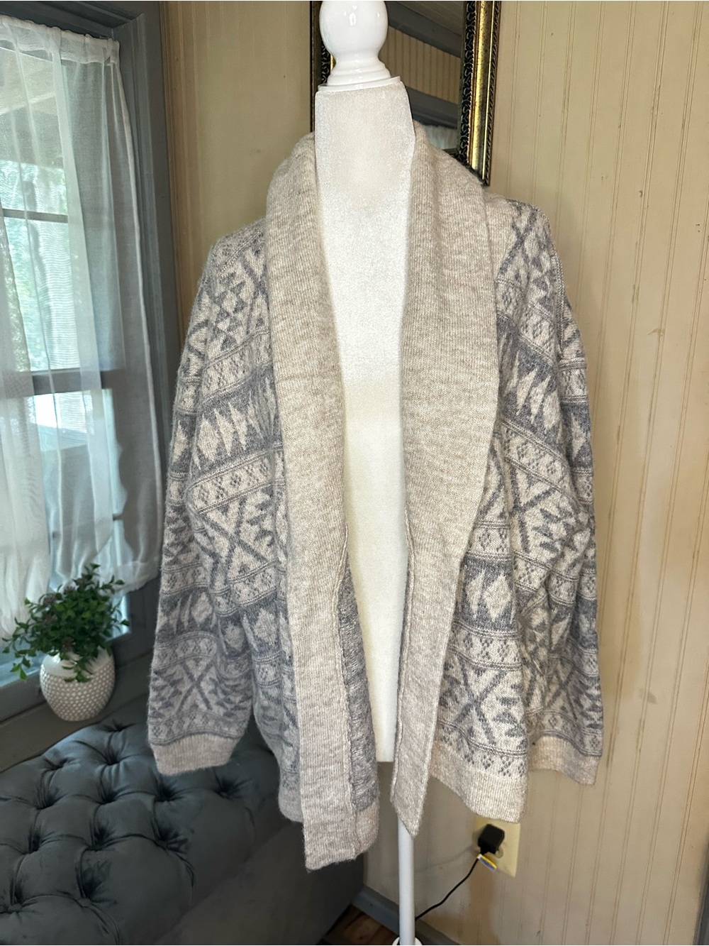Lucky Brand Fair Isle Cardigan Sweater XL NWT Gray Wool Blend Open Front